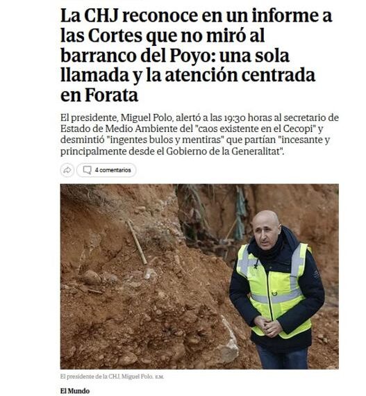 La CHJ reconoce en un informe a las Cortes que no miró al barranco del Poyo: una sola llamada y la atención centrada en Forata