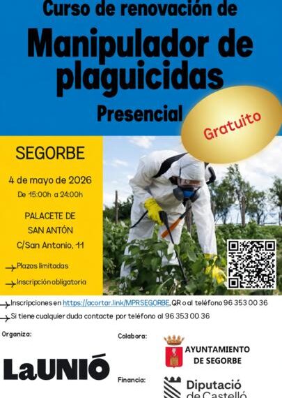 El Ayuntamiento de Segorbe convoca un curso de renovación del carnet de plaguicidas