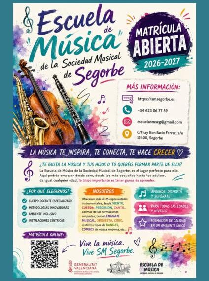 Sociedad Musical de Segorbe abre la matrícula para el curso 2026-2027