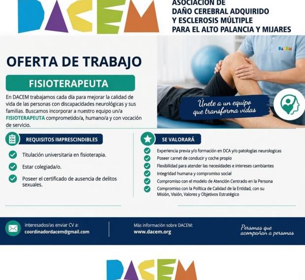 DACEM busca fisioterapeuta para reforzar su equipo de atención a personas con discapacidad neurológica