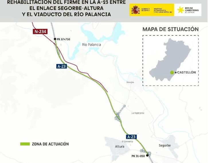 El Gobierno autoriza licitar por 13 millones de euros la rehabilitación de la autovía A-23 entre el enlace de Segorbe-Altura y el viaducto del río Palancia
