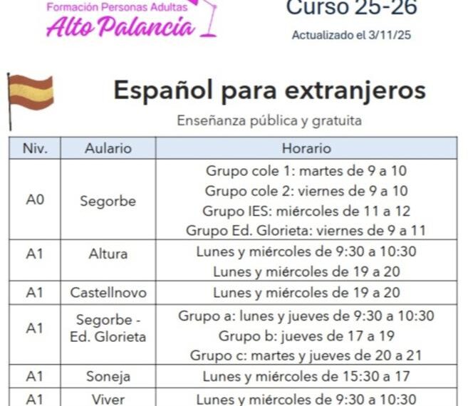 Nuevos horarios para aprender español gratis en Alto Palancia