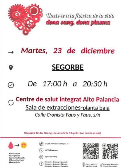 Nueva campaña de donación de sangre en Segorbe antes de Navidad