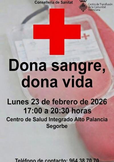 Segorbe convoca donación de sangre para el lunes 23 de febrero en el Centro de Salud Integrado Alto Palancia