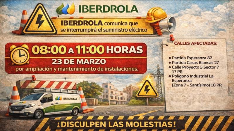 Segorbe avisa de un corte de luz programado el lunes 23 de marzo que afectará a Partida Esperanza, Casas Blancas y Polígono La Esperanza