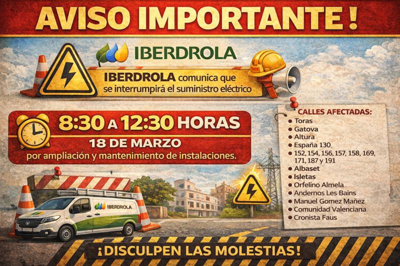 El Ayuntamiento de Segorbe avisa de un corte de luz programado el 18 de marzo en varias calles por trabajos de Iberdrola