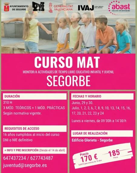 El Ayuntamiento de Segorbe abre el 14 de abril la preinscripción para el curso de monitor/a de tiempo libre