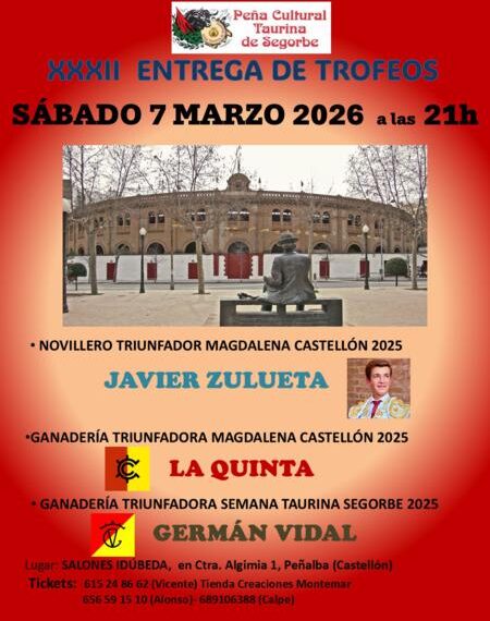 Cena y trofeos en la Peña Cultural Taurina de Segorbe: Zulueta, La Quinta y Germán Vidal, protagonistas