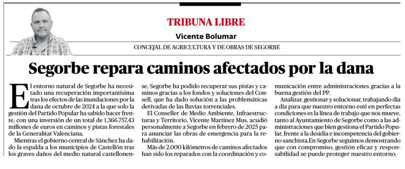 Segorbe repara caminos afectados por la Dana