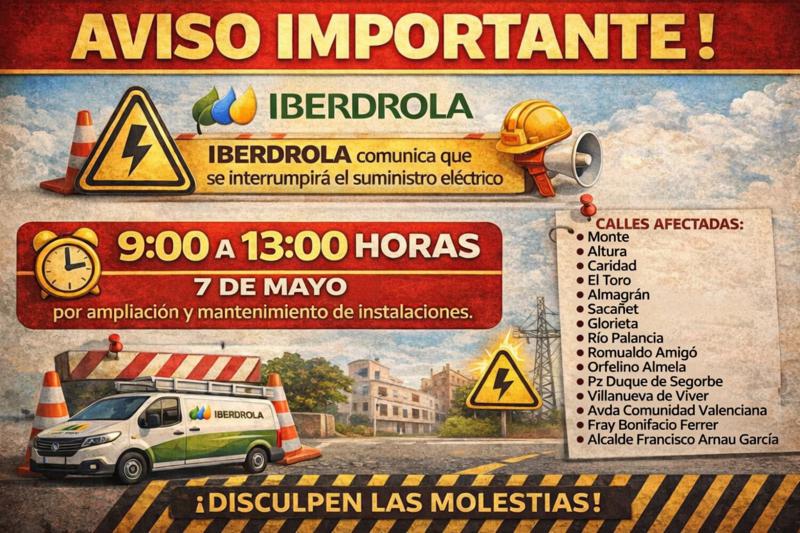 El Ayuntamiento de Segorbe avisa de un corte de luz programado el 7 de mayo en varias calles por trabajos de Iberdrola