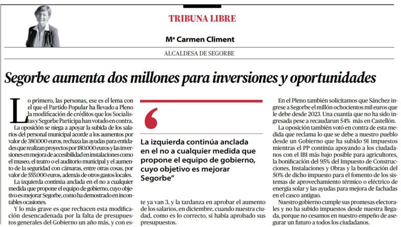 Segorbe aumenta dos millones para inversiones y oportunidades
