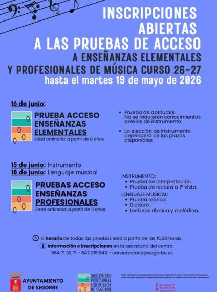 El Conservatorio Alto Palancia abre el plazo de inscripción para las pruebas de acceso del curso 2026-2027