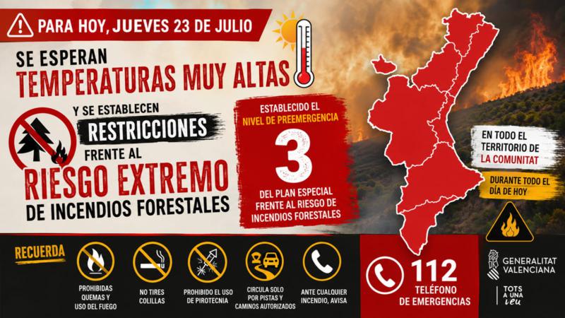El riesgo extremo de incendios obliga a cerrar el acceso a zonas forestales y suspender actividades en la Comunitat Valenciana