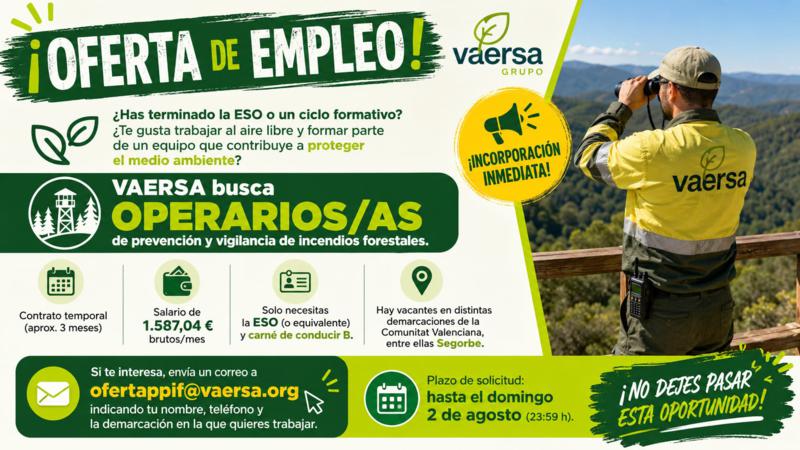 VAERSA abre una oferta de empleo para operarios de prevención y vigilancia de incendios con vacantes en Segorbe