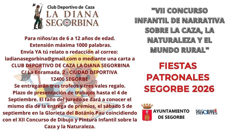 El Club Deportivo de Caza La Diana Segorbina convoca el VII Concurso Infantil de Narrativa de las Fiestas Patronales 2026