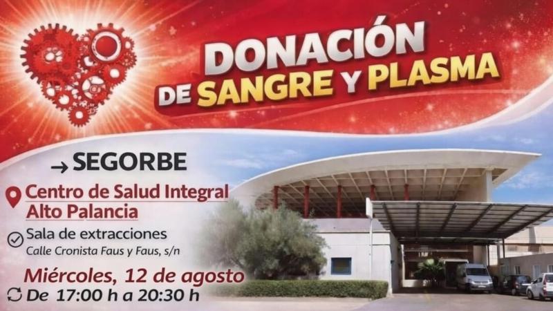 Segorbe anima a la ciudadanía a participar en una nueva jornada de donación de sangre el 12 de agosto