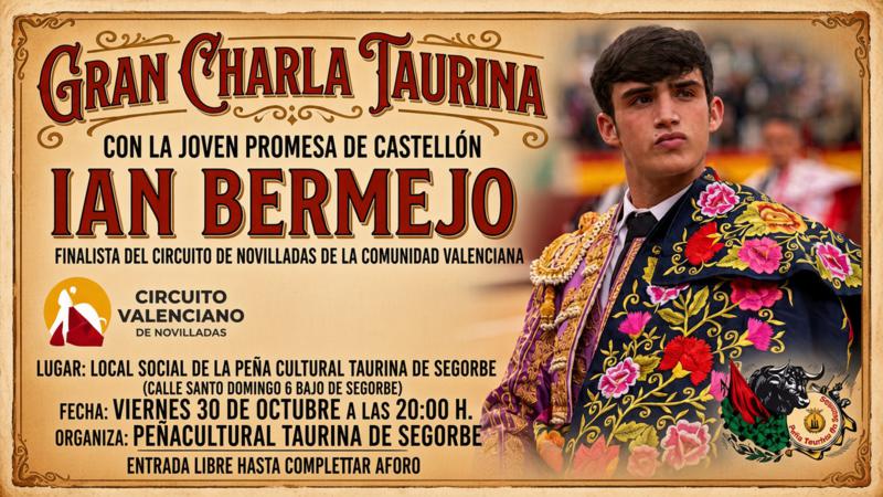 La Peña Cultural Taurina de Segorbe organiza su primera charla del otoño-invierno con el novillero Ian Bermejo